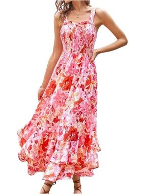 Grace Karin Pink Floral Maxi Dress Smocked Boho Cottagecore Romantic M